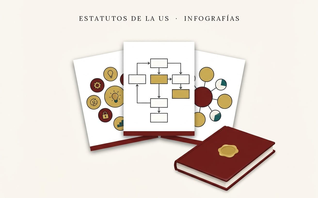 Vista previa de las infografías de los Estatutos de la Universidad de Sevilla: un libro de estatutos y tres hojas de esquemas